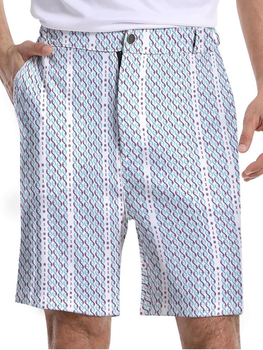 Men's Athletic Patterned Golf Shorts - White with Blue & Purple Accents Large
